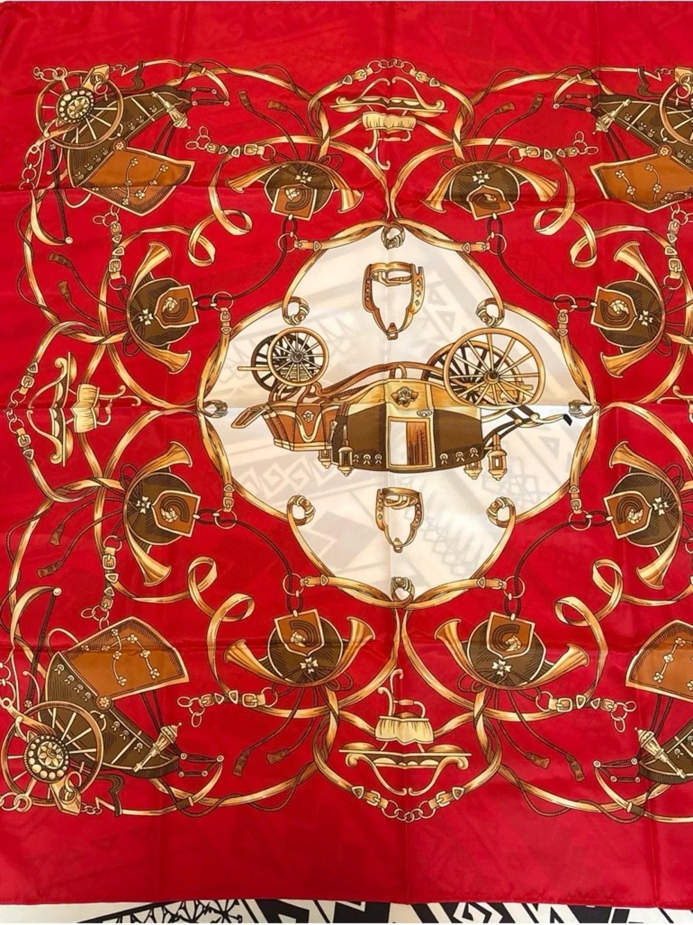 Luxury Red and Cream Silk Scarf with Equestrian Print